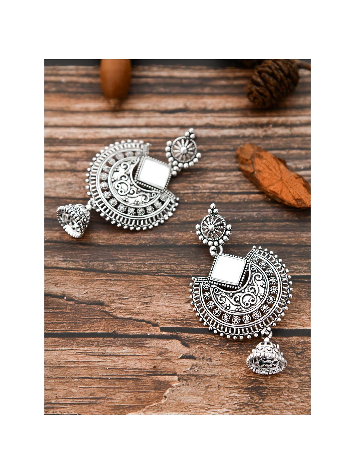 The Intricate Motif Mirror Work - Oxidised Boho Earrings