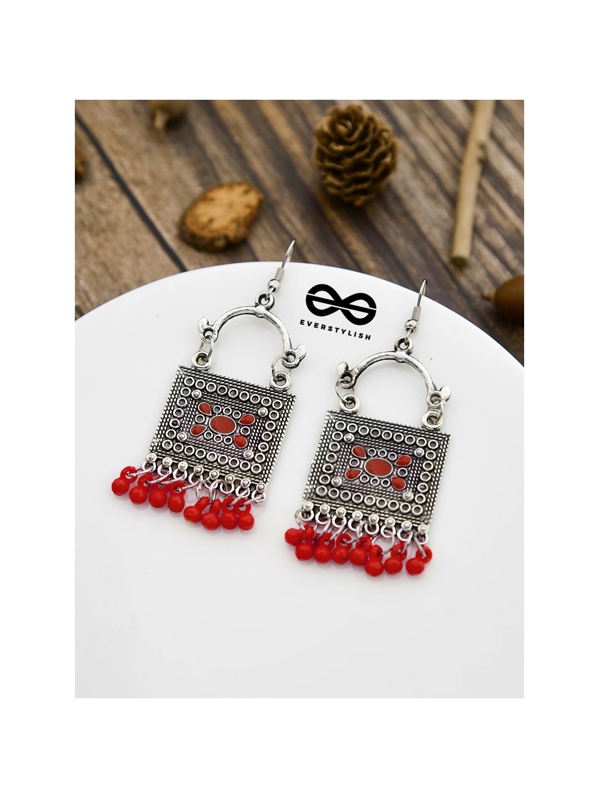 The Embellished Trunk - Oxidised Boho Earrings - Red