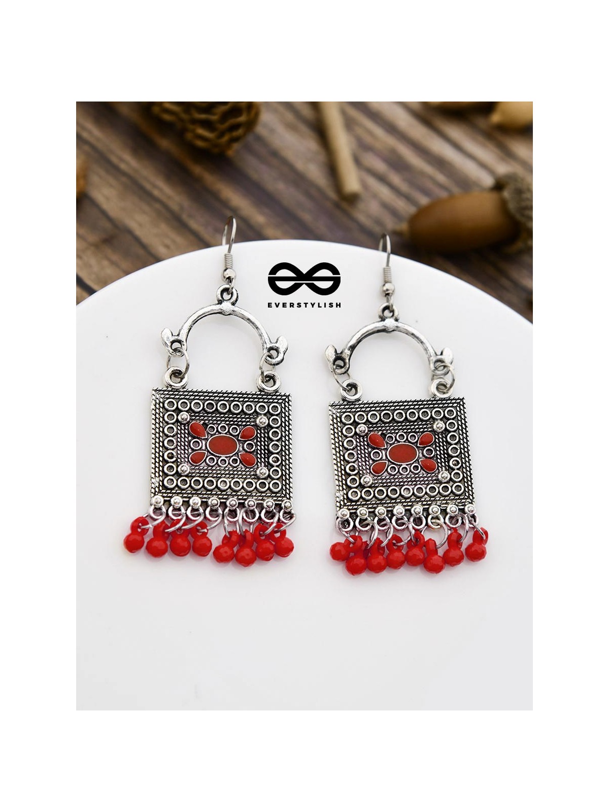 The Embellished Trunk - Oxidised Boho Earrings - Red