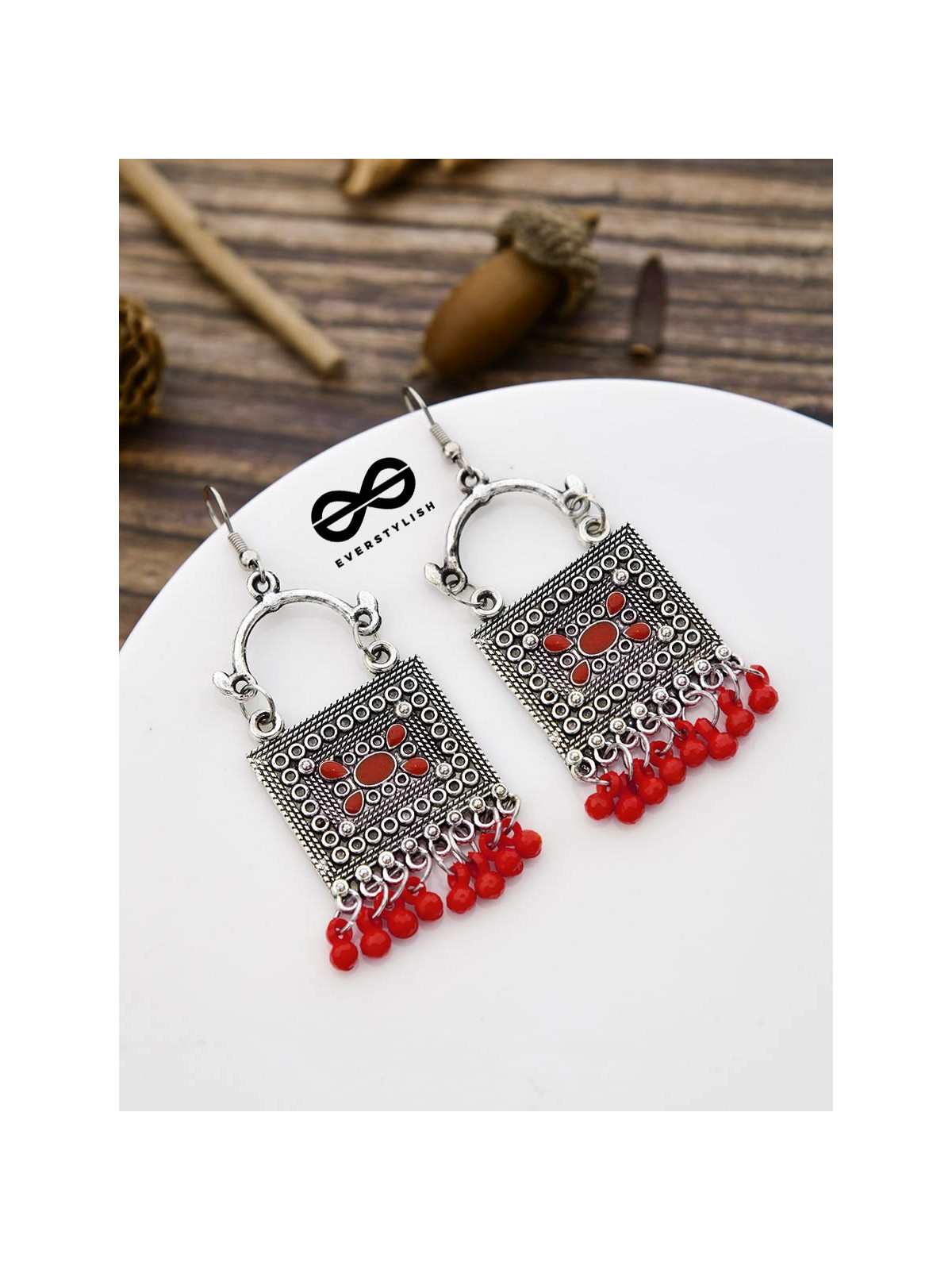 The Embellished Trunk - Oxidised Boho Earrings - Red