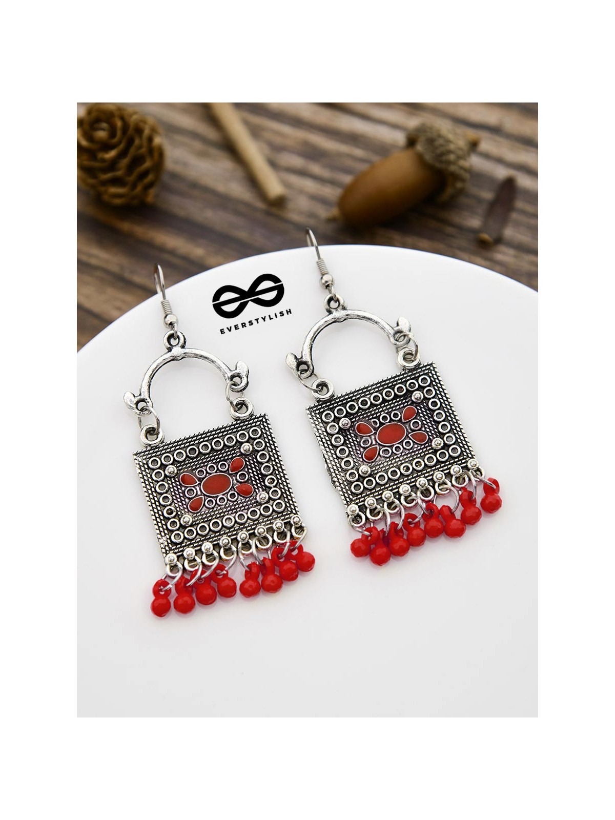 The Embellished Trunk - Oxidised Boho Earrings - Red