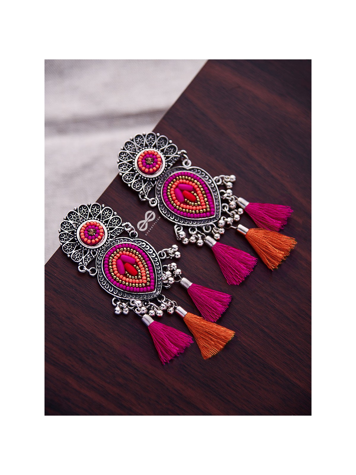 The Layered Tasseled Statement Makers (Pink-Orange) - The Embroidered Oxidised Collection