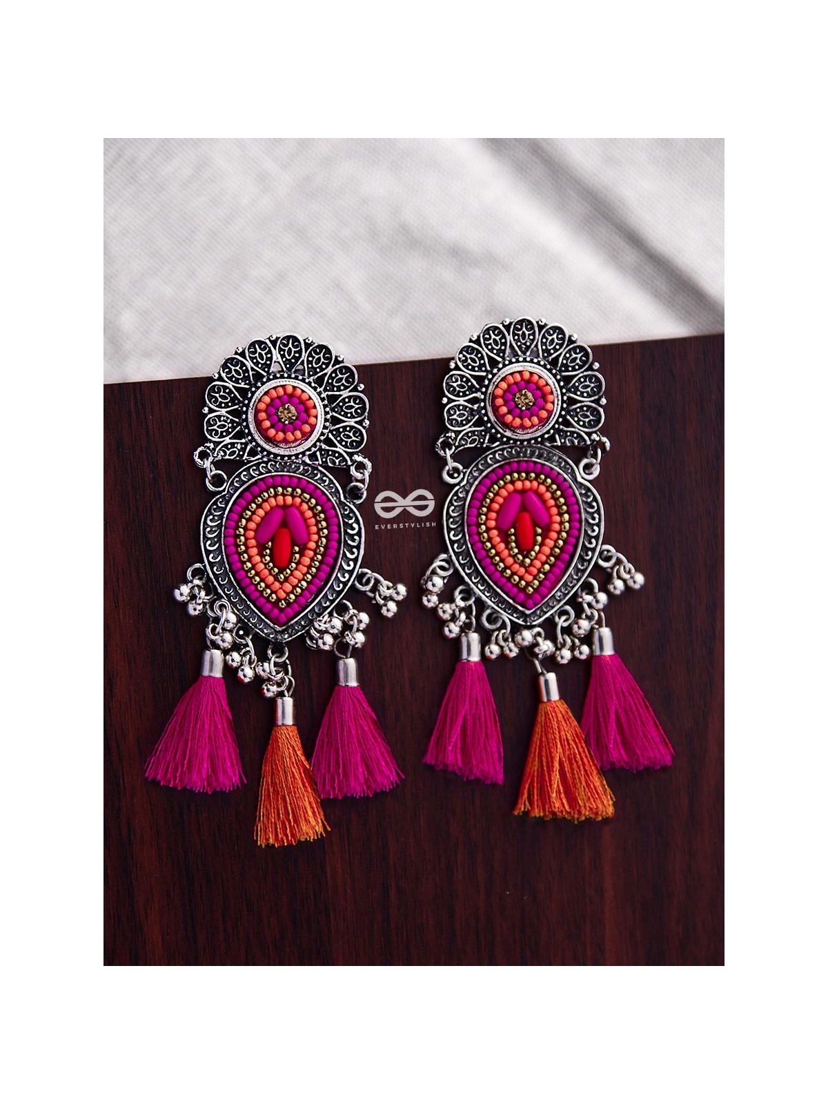 The Layered Tasseled Statement Makers (Pink-Orange) - The Embroidered Oxidised Collection