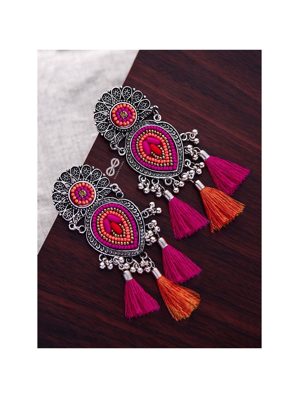 The Layered Tasseled Statement Makers (Pink-Orange) - The Embroidered Oxidised Collection