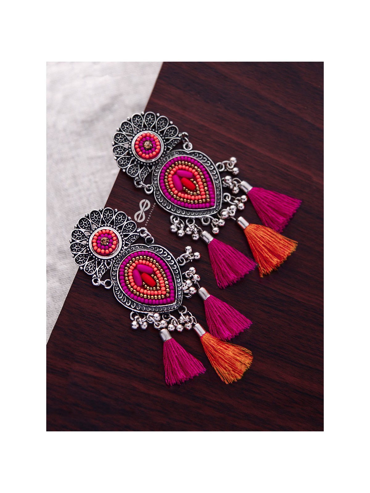 The Layered Tasseled Statement Makers (Pink-Orange) - The Embroidered Oxidised Collection