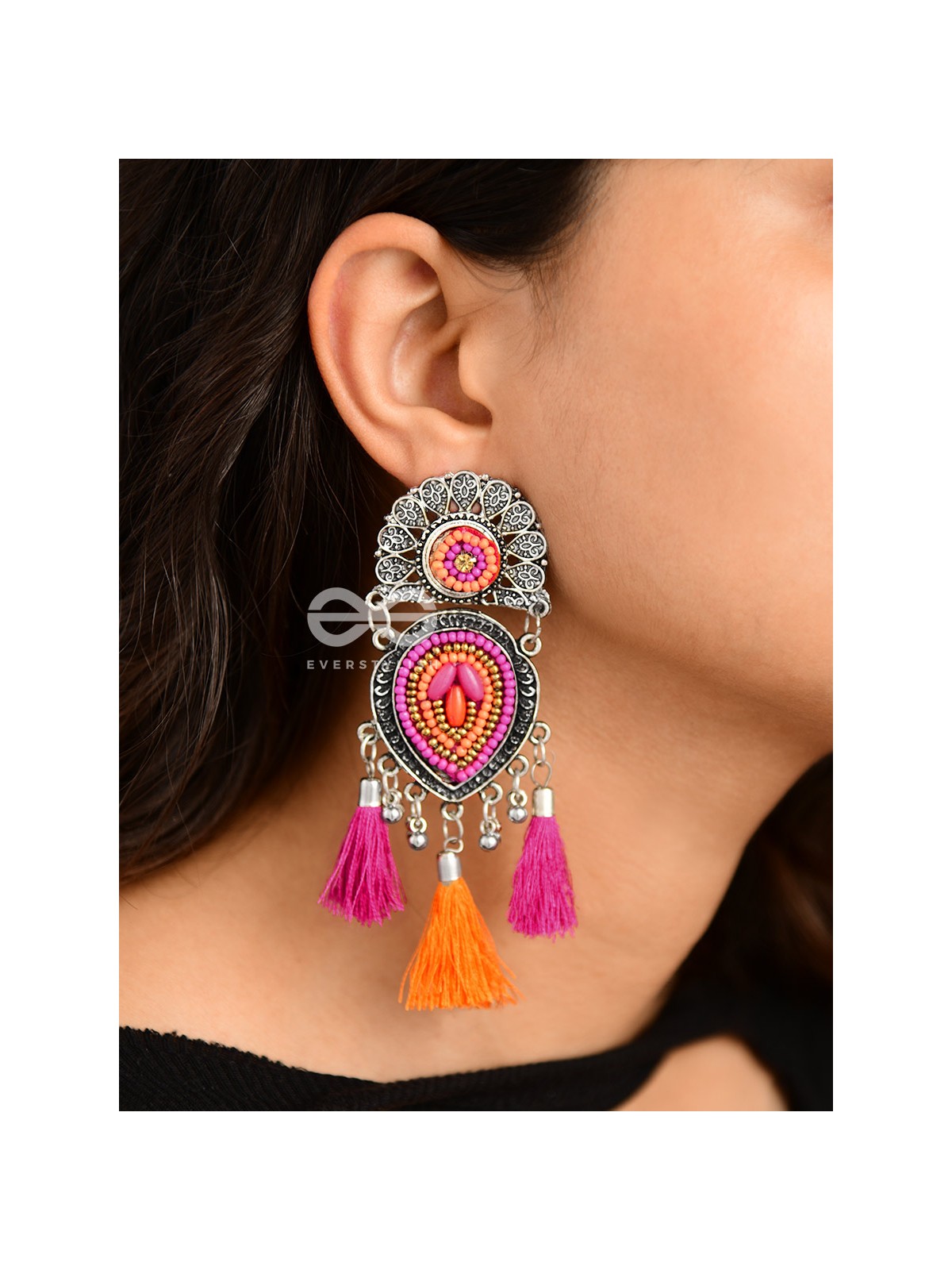 The Layered Tasseled Statement Makers (Pink-Orange) - The Embroidered Oxidised Collection