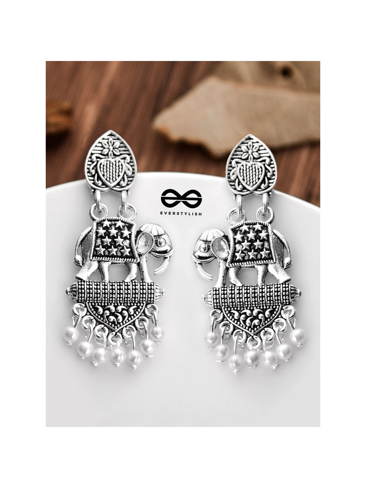 The Little Artistic Pearly Elephants - Oxidised Boho Earrings