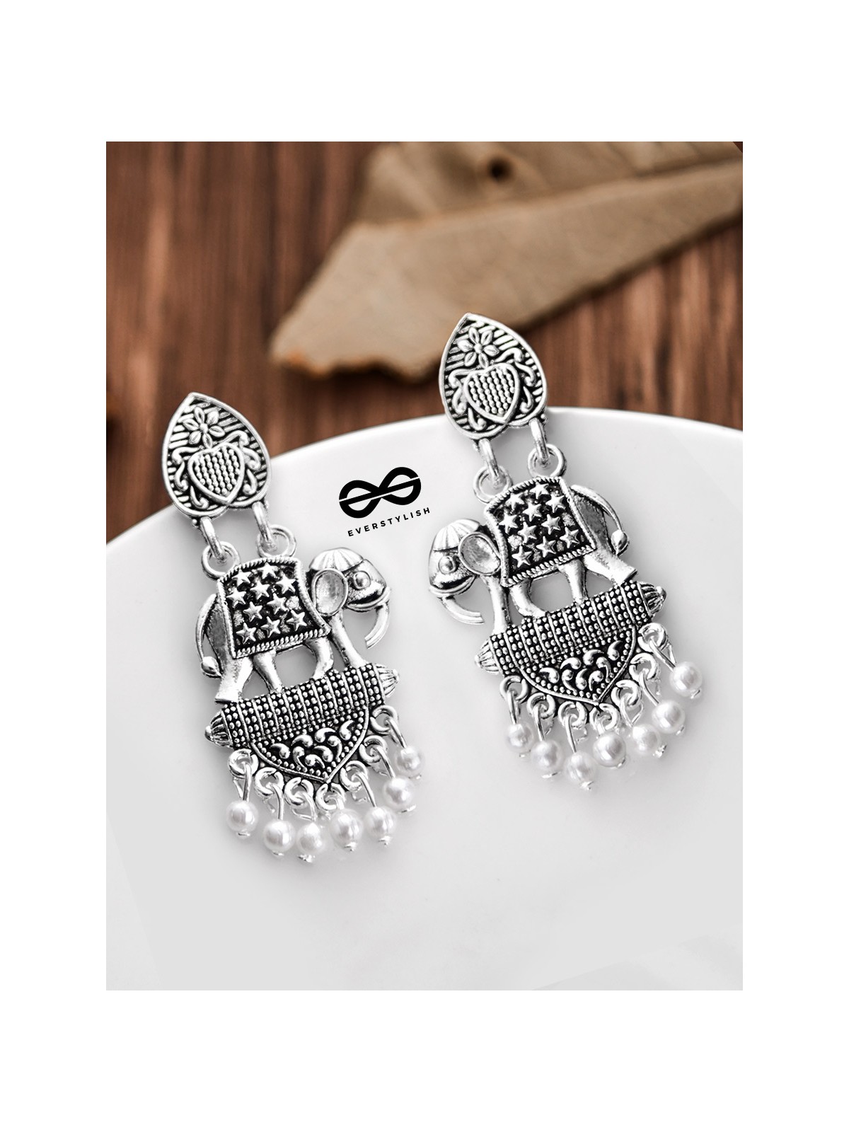 The Little Artistic Pearly Elephants - Oxidised Boho Earrings