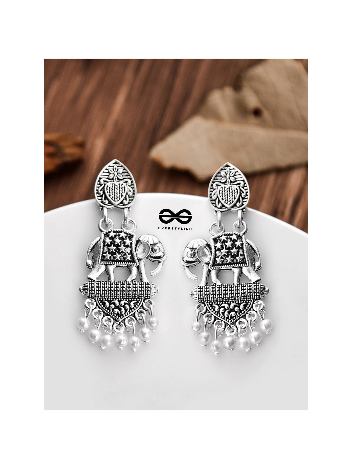 The Little Artistic Pearly Elephants - Oxidised Boho Earrings