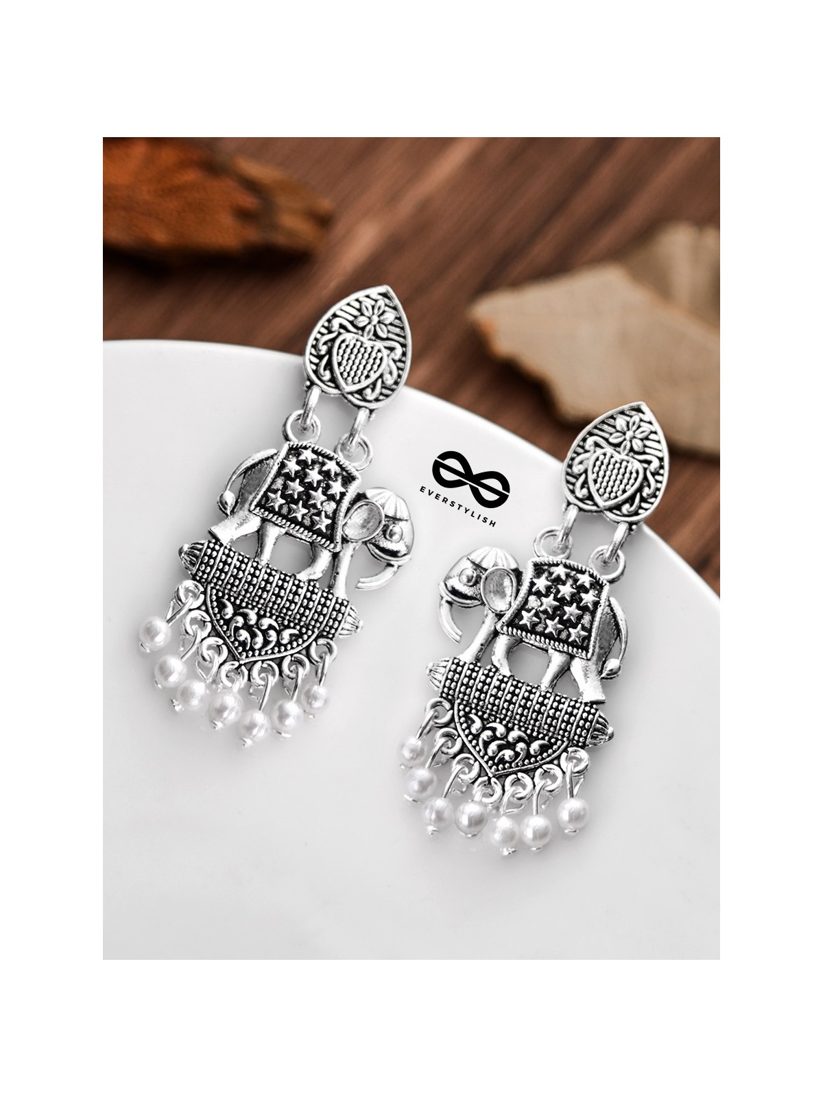 The Little Artistic Pearly Elephants - Oxidised Boho Earrings