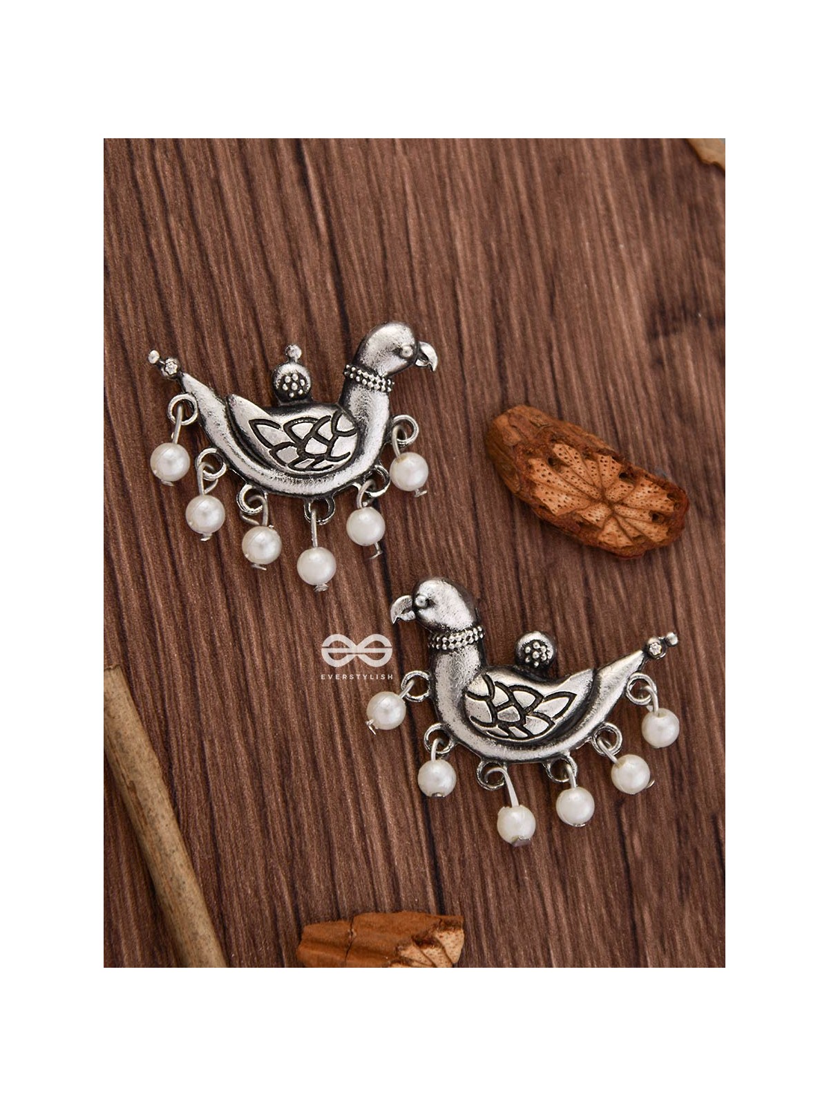 The Dangling Pearl Parrots - Oxidised Boho Earrings