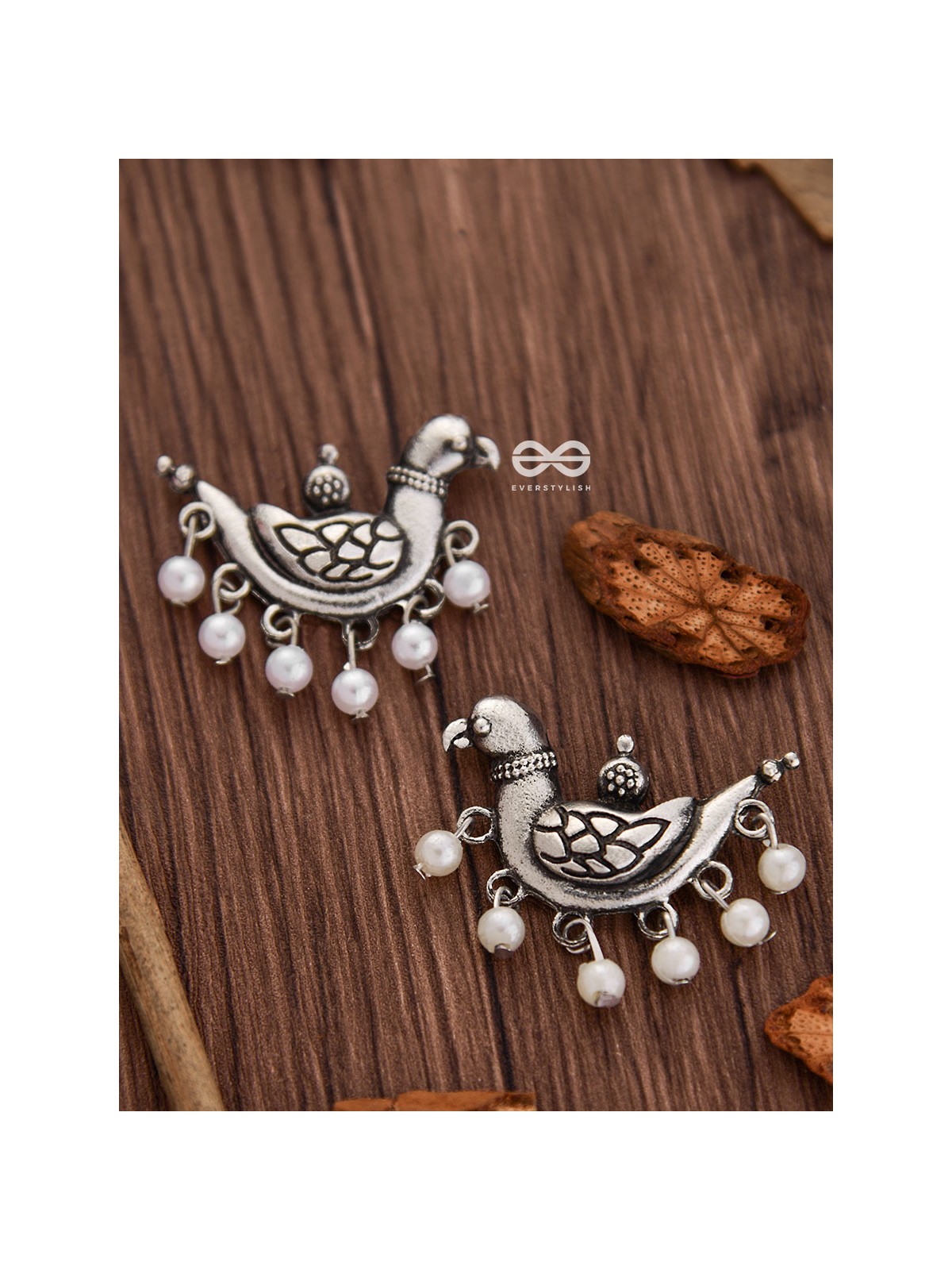 The Dangling Pearl Parrots - Oxidised Boho Earrings