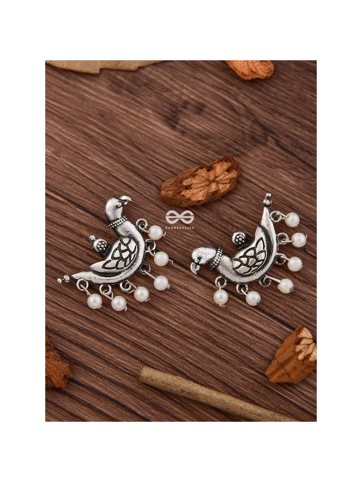 The Dangling Pearl Parrots - Oxidised Boho Earrings