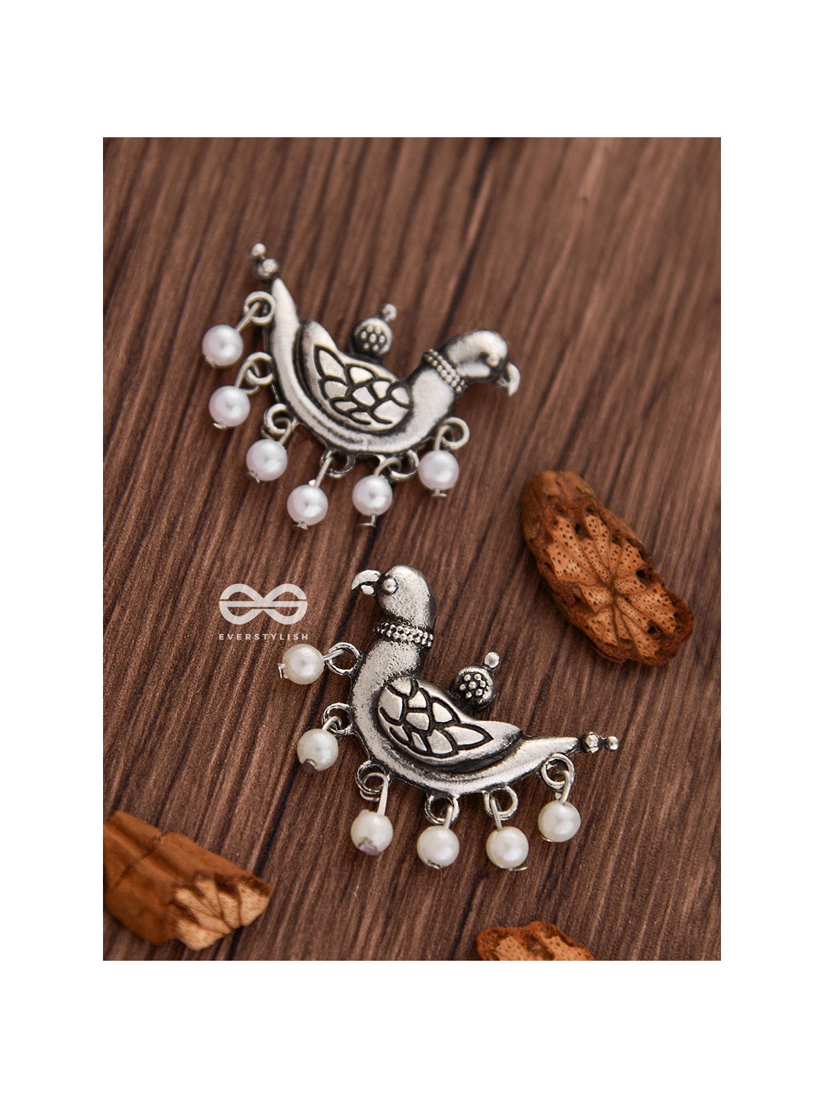 The Dangling Pearl Parrots - Oxidised Boho Earrings