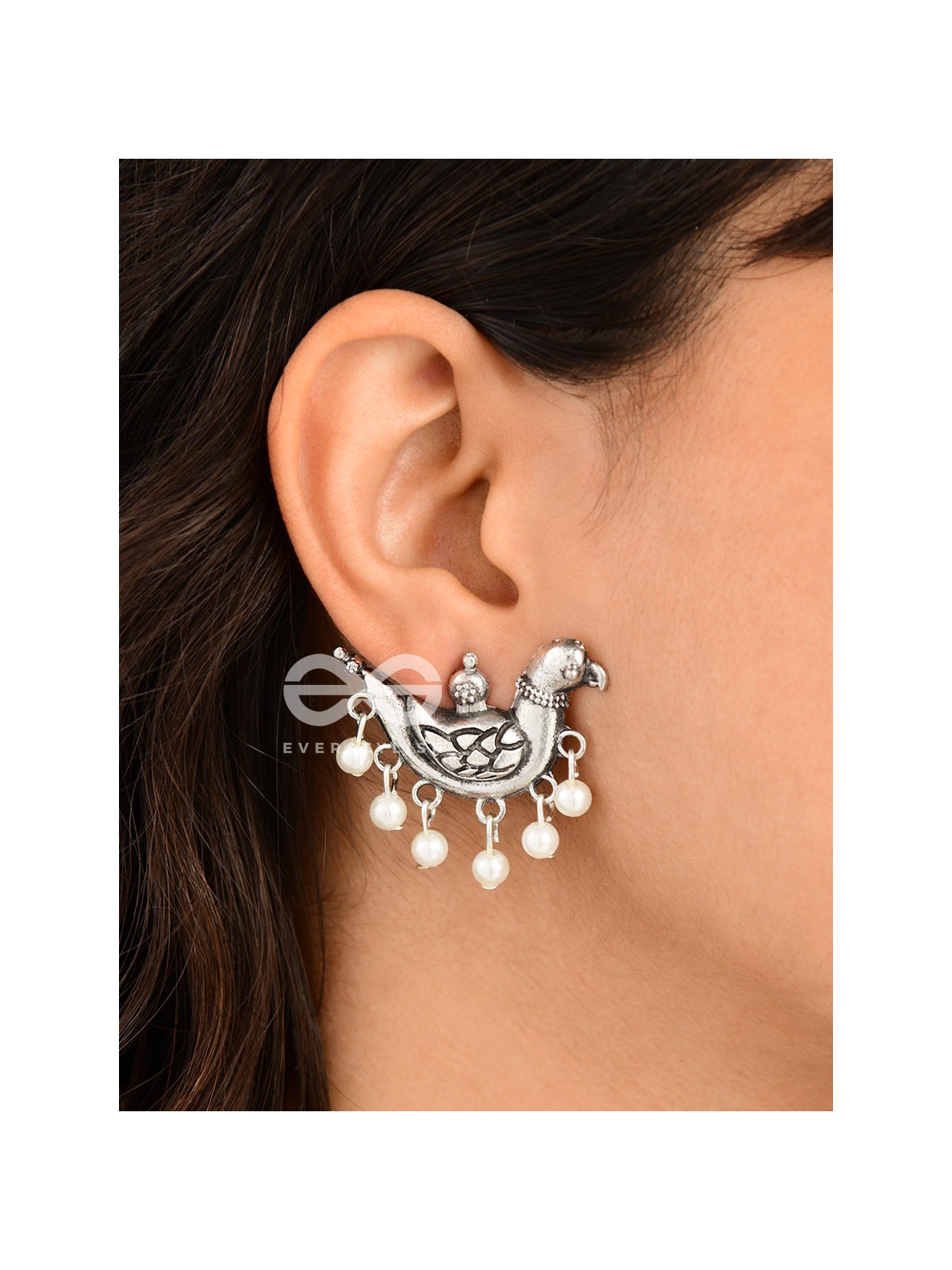 The Dangling Pearl Parrots - Oxidised Boho Earrings