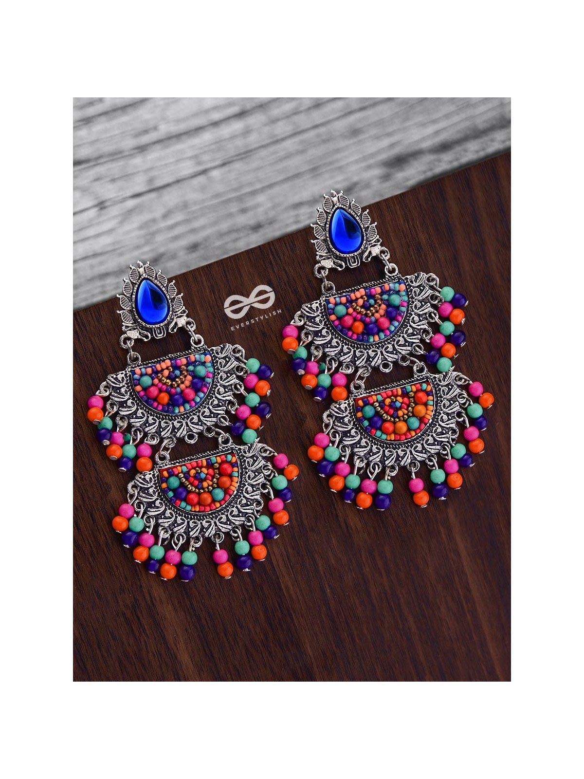 The Multilayered Elegance (Multicolour) - Embroidered Oxidised Earrings