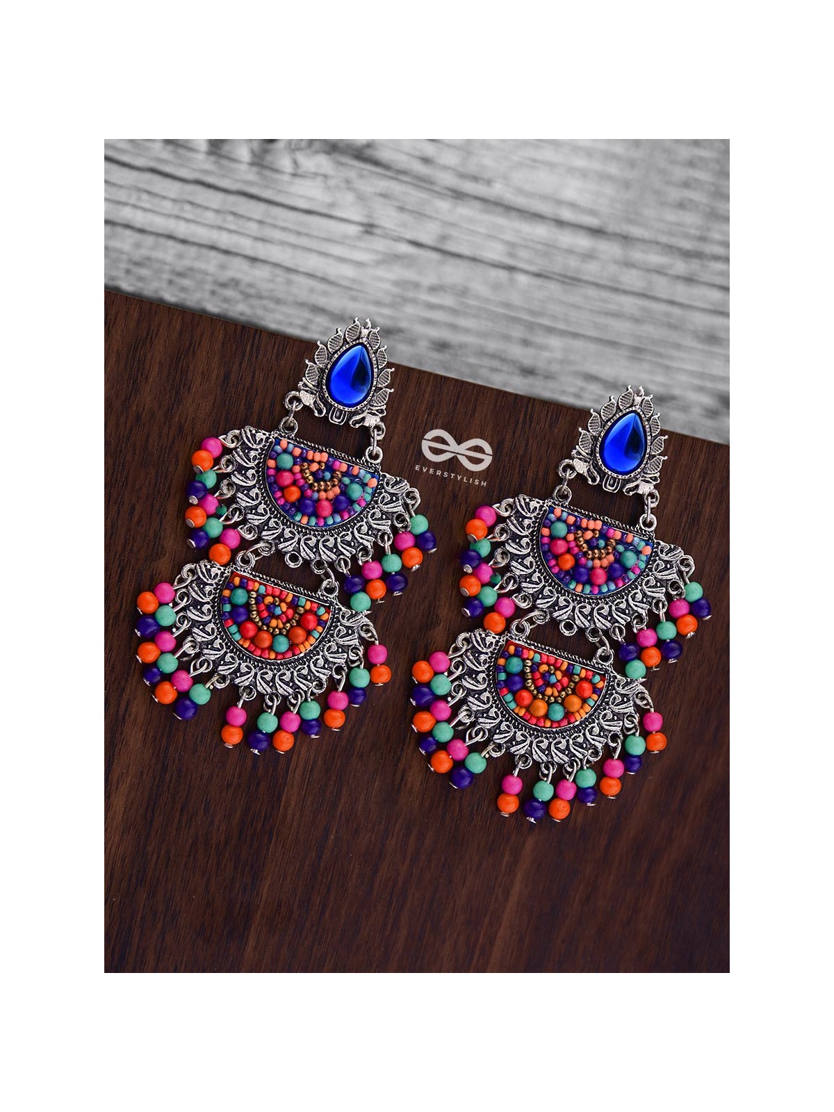 The Multilayered Elegance (Multicolour) - Embroidered Oxidised Earrings