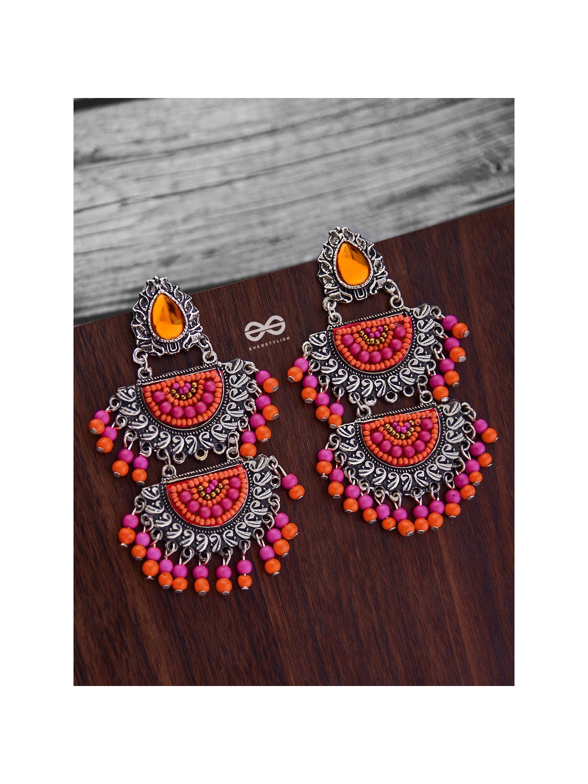 The Multilayered Elegance (Orange-Pink) - Embroidered Oxidised Earrings