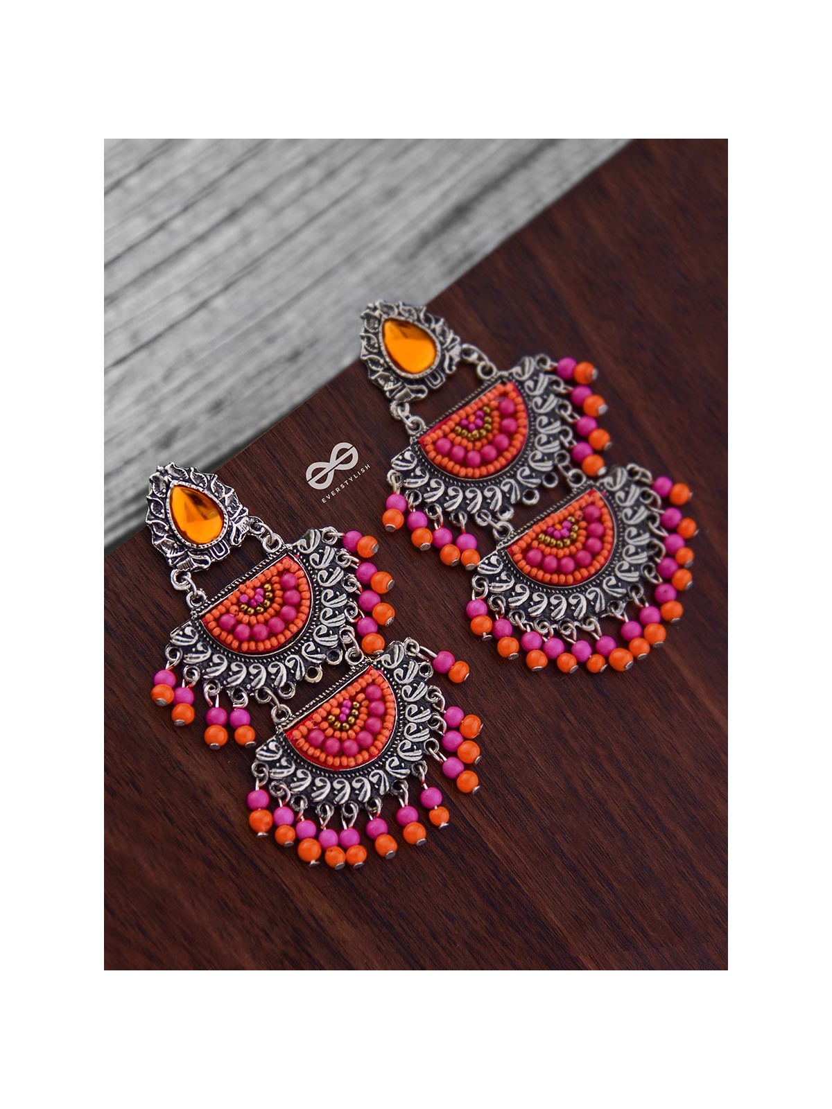 The Multilayered Elegance (Orange-Pink) - Embroidered Oxidised Earrings