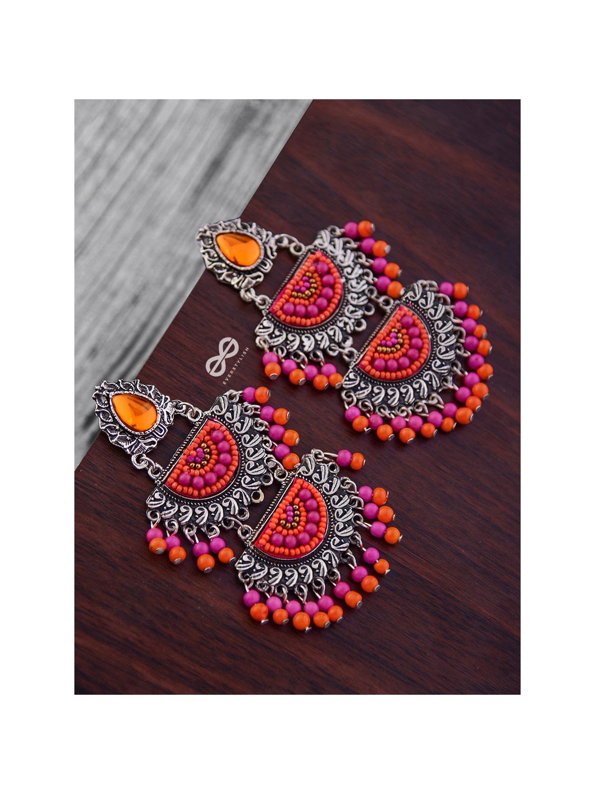 The Multilayered Elegance (Orange-Pink) - Embroidered Oxidised Earrings