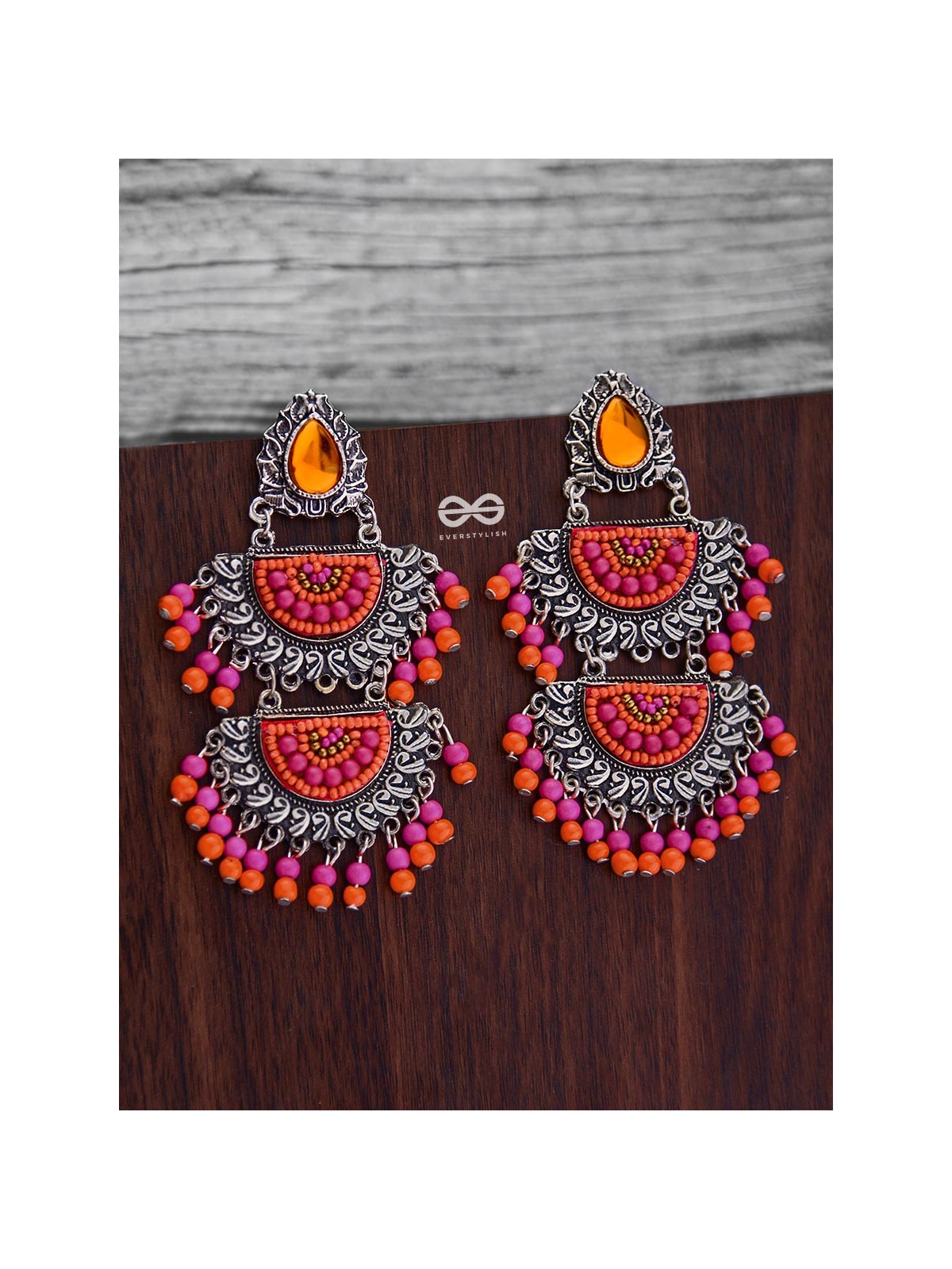 The Multilayered Elegance (Orange-Pink) - Embroidered Oxidised Earrings