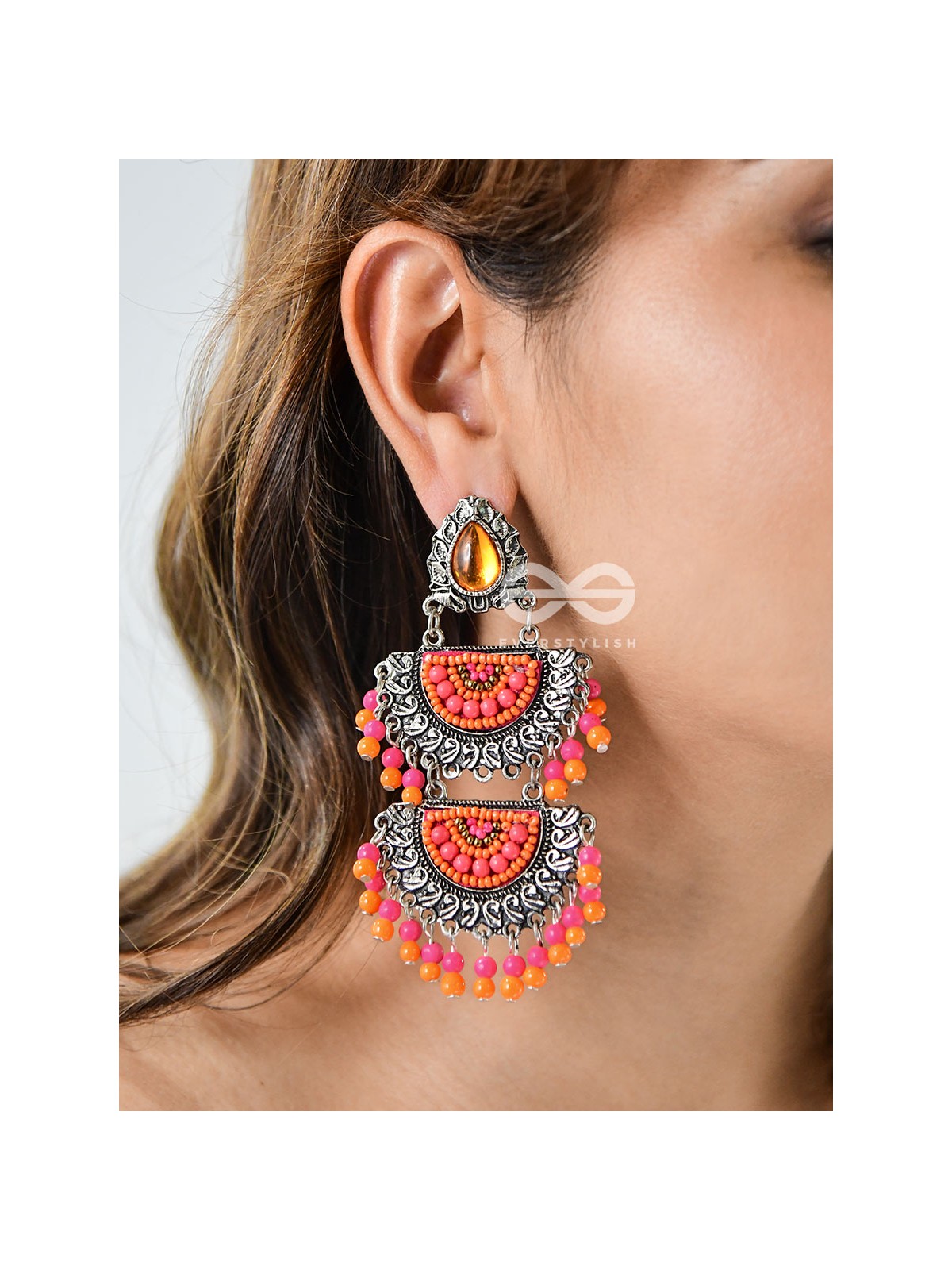 The Multilayered Elegance (Orange-Pink) - Embroidered Oxidised Earrings