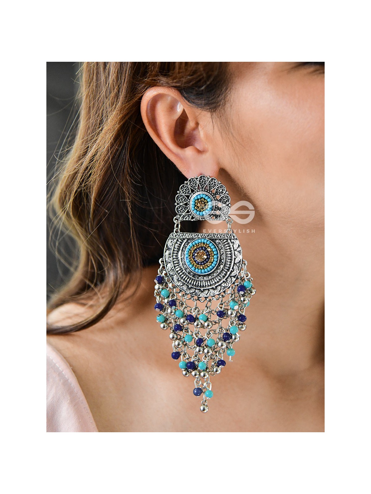 The Multi-Layered Beaded Jhaalar (Blue Hues) - Embroidered Oxidised Collection