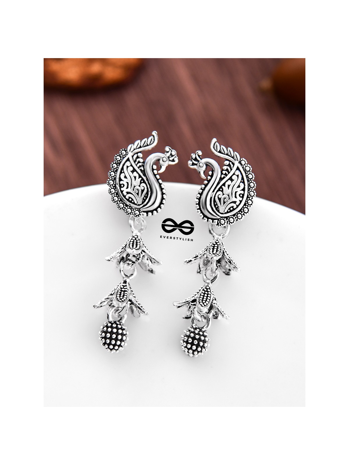 The Double Layered Peacock Jhumkis - Oxidised Boho Earrings