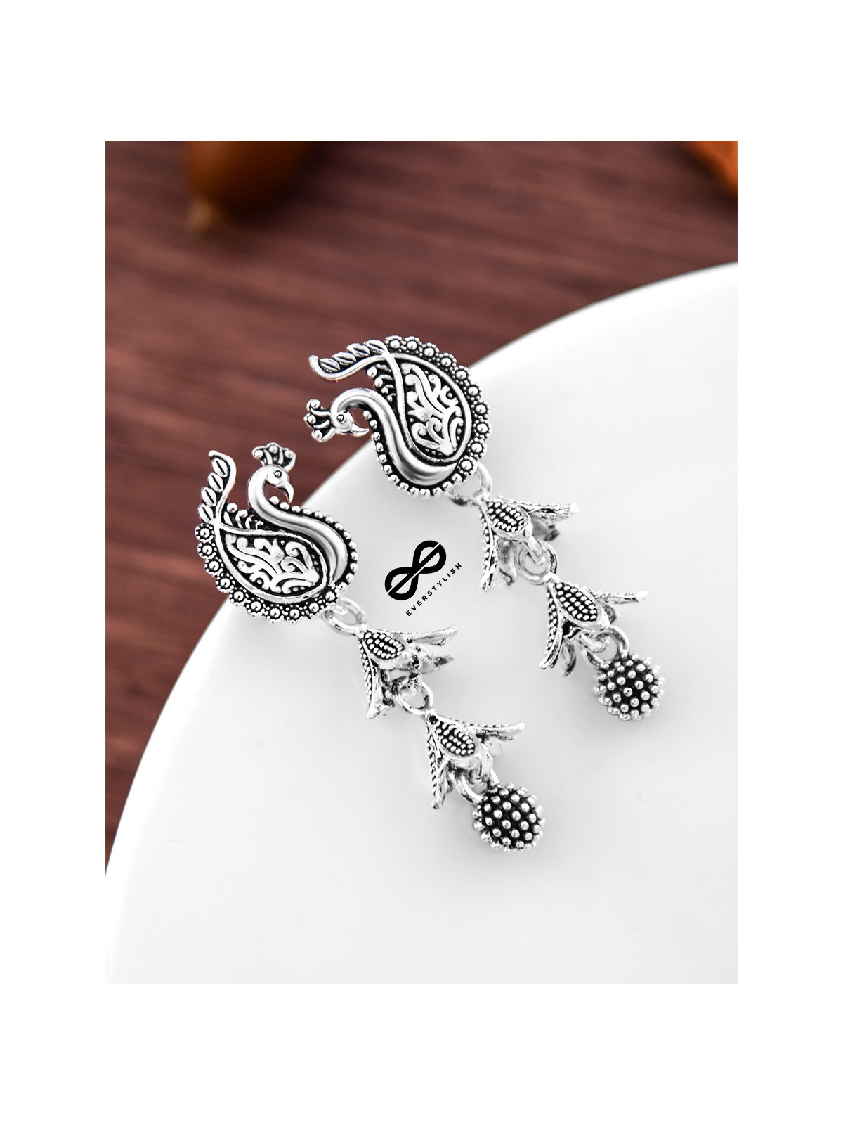 The Double Layered Peacock Jhumkis - Oxidised Boho Earrings