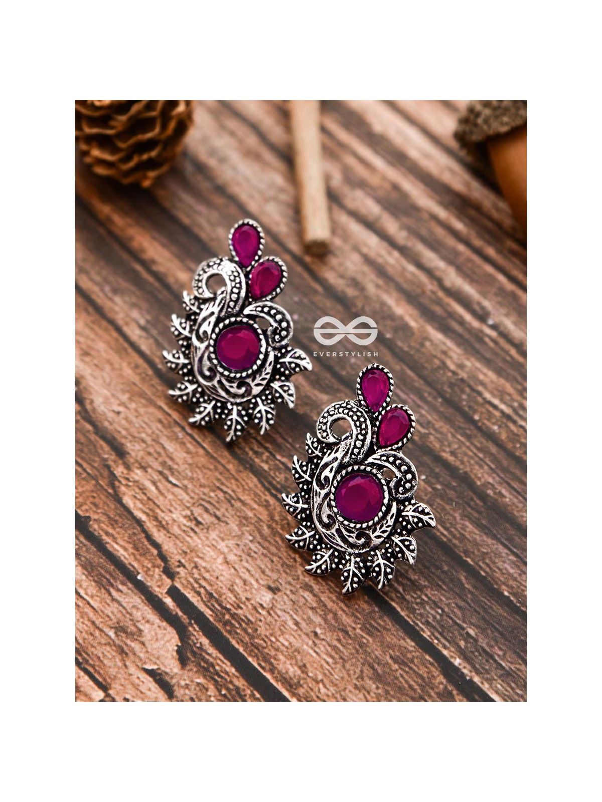 The Vintage Motif Studs - Ruby Red - The Embellished Oxidised Collection