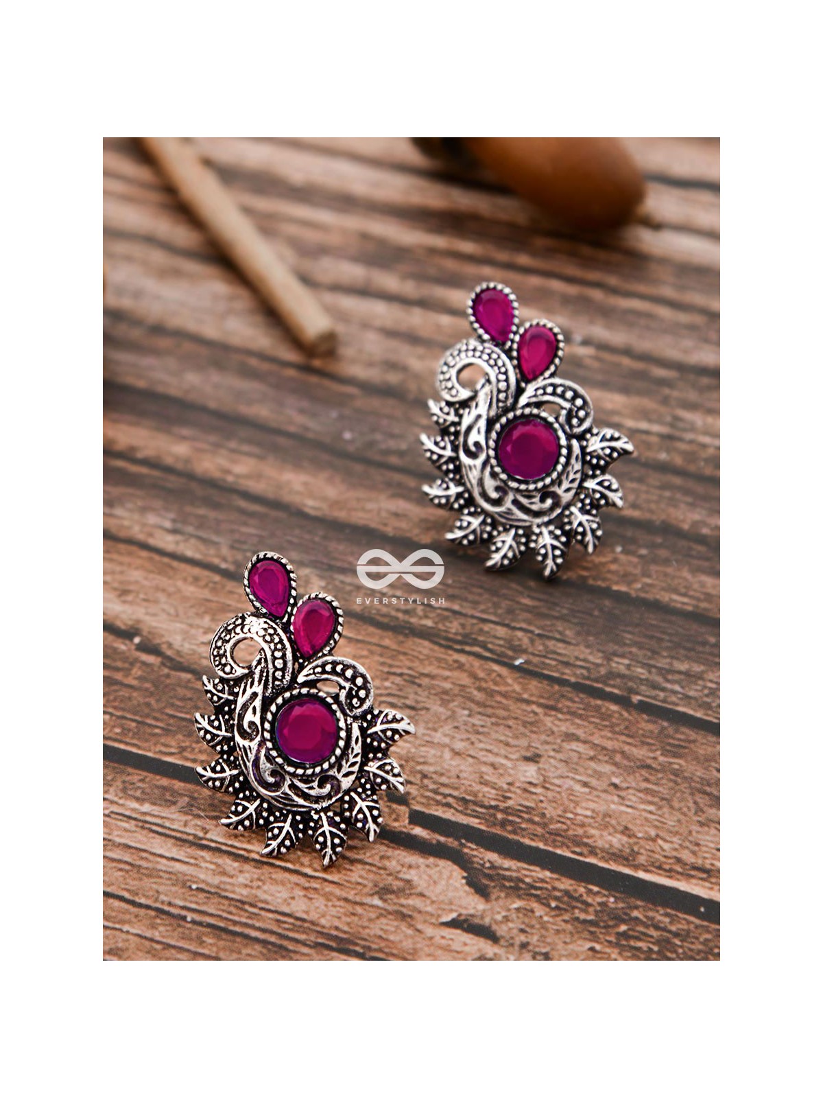 The Vintage Motif Studs - Ruby Red - The Embellished Oxidised Collection