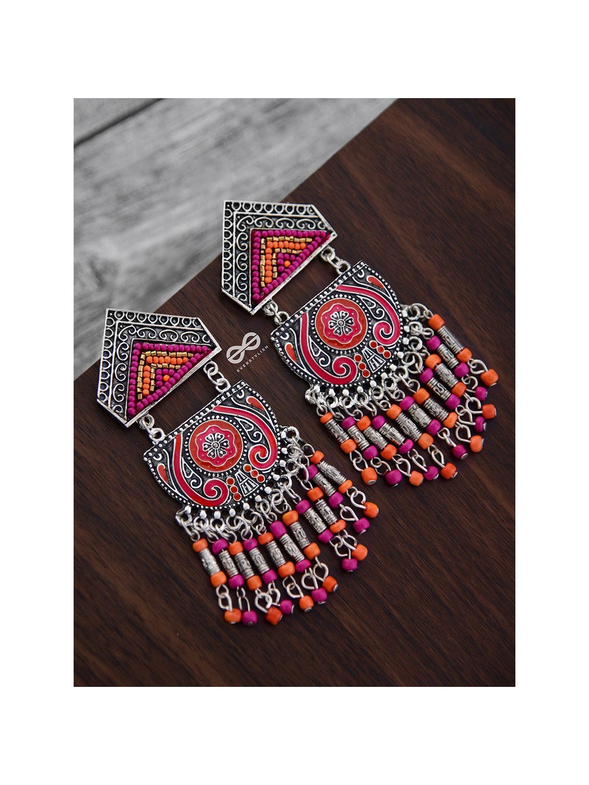 The Multilayered Meenakari Statement Makers (Orange-Pink) - Embroidered Oxidised Collection
