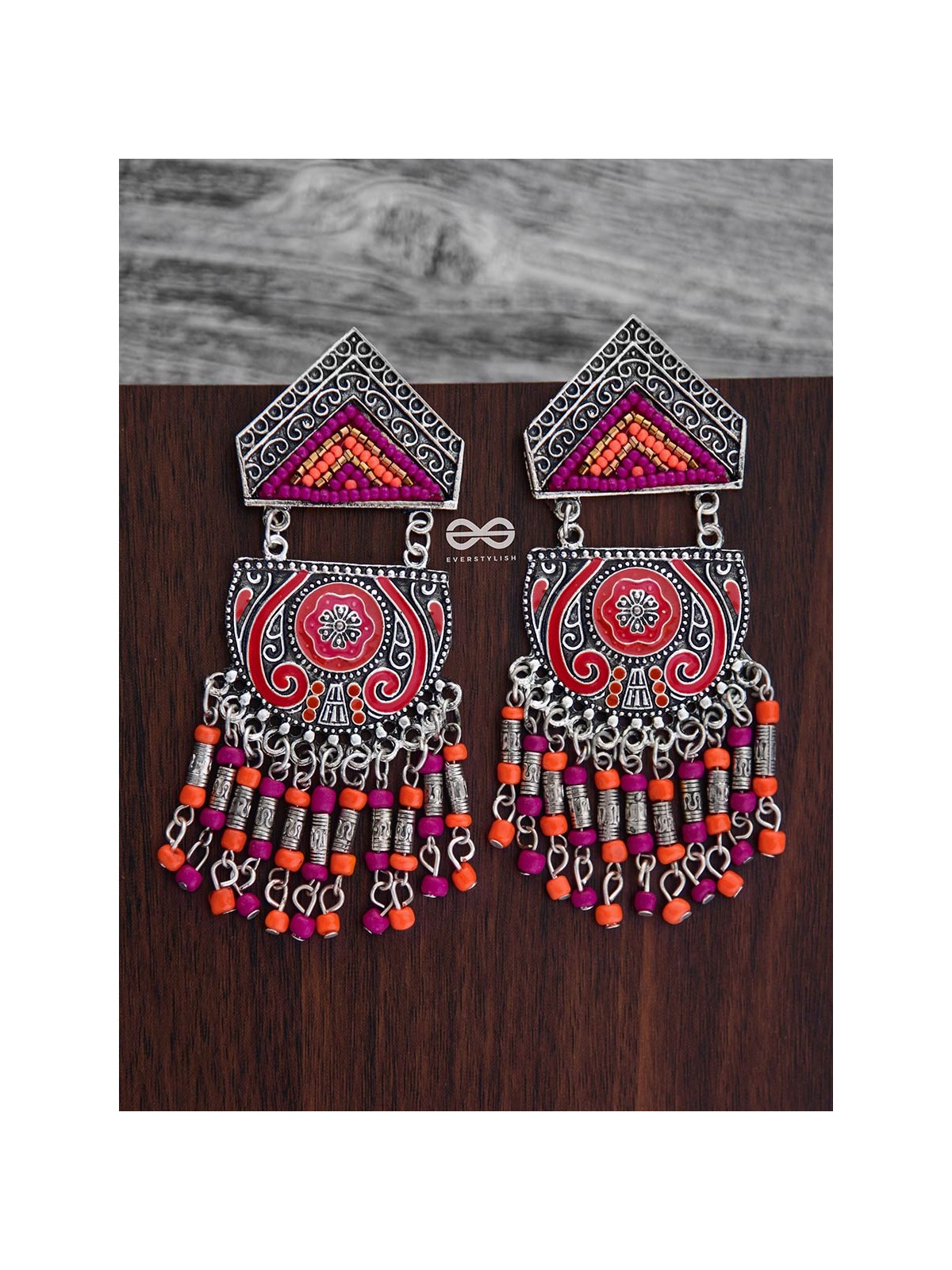 The Multilayered Meenakari Statement Makers (Orange-Pink) - Embroidered Oxidised Collection