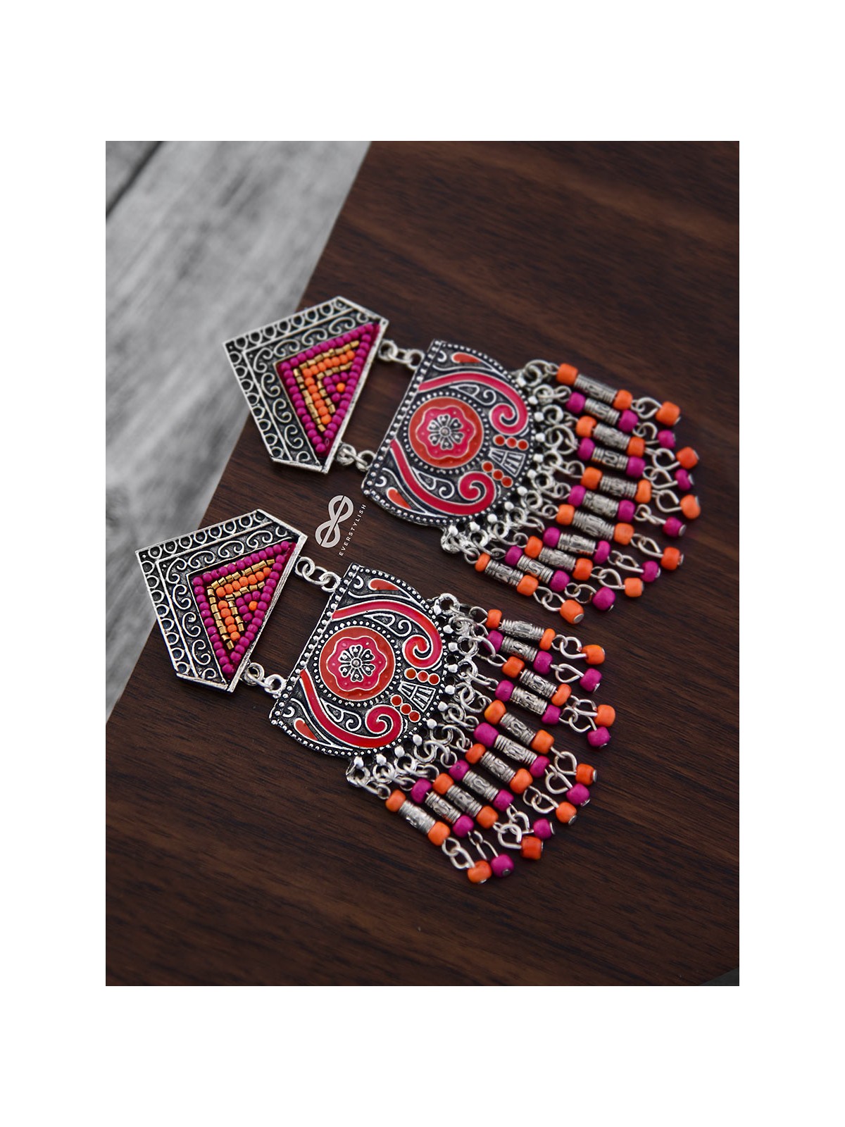 The Multilayered Meenakari Statement Makers (Orange-Pink) - Embroidered Oxidised Collection
