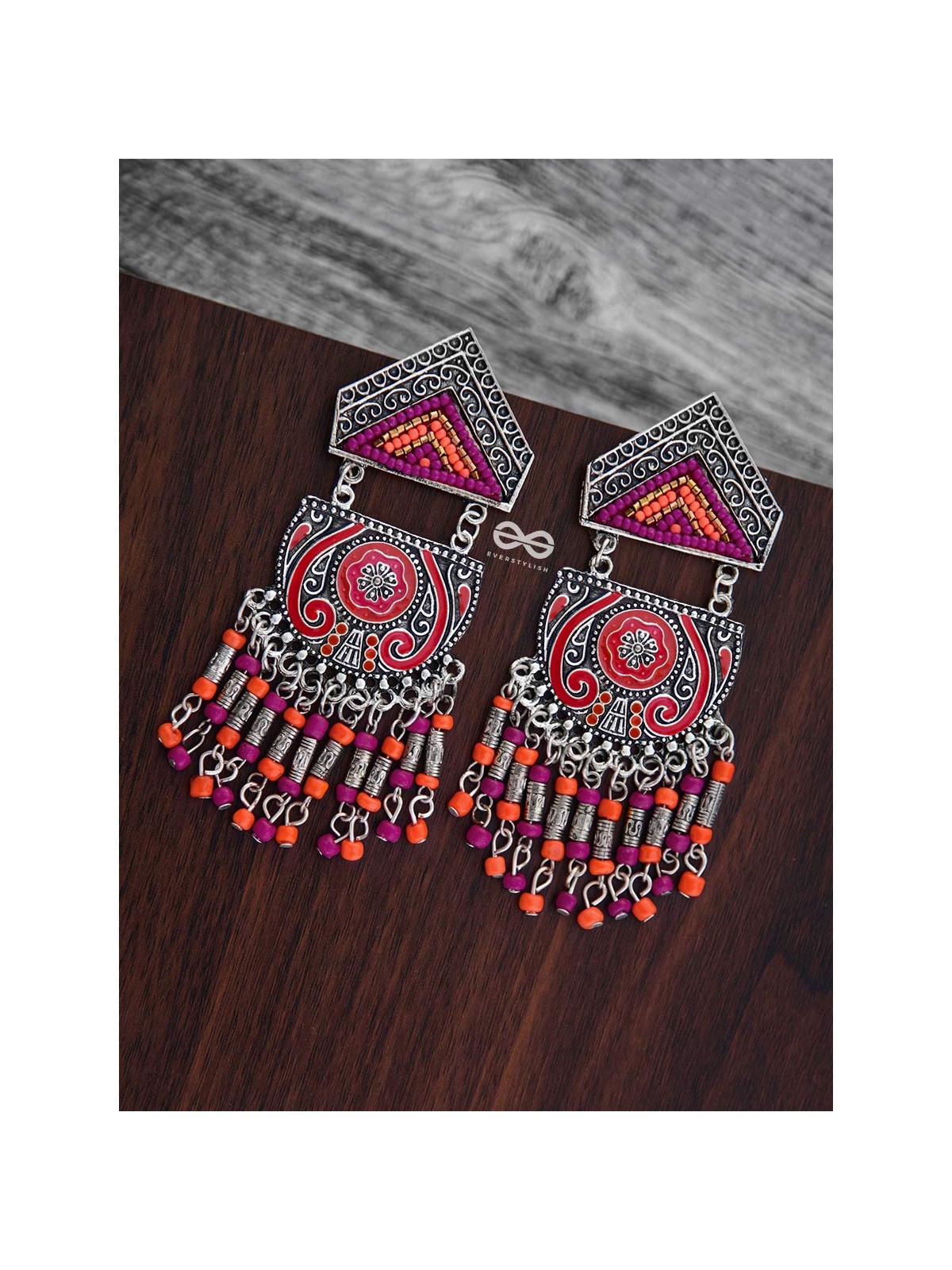 The Multilayered Meenakari Statement Makers (Orange-Pink) - Embroidered Oxidised Collection