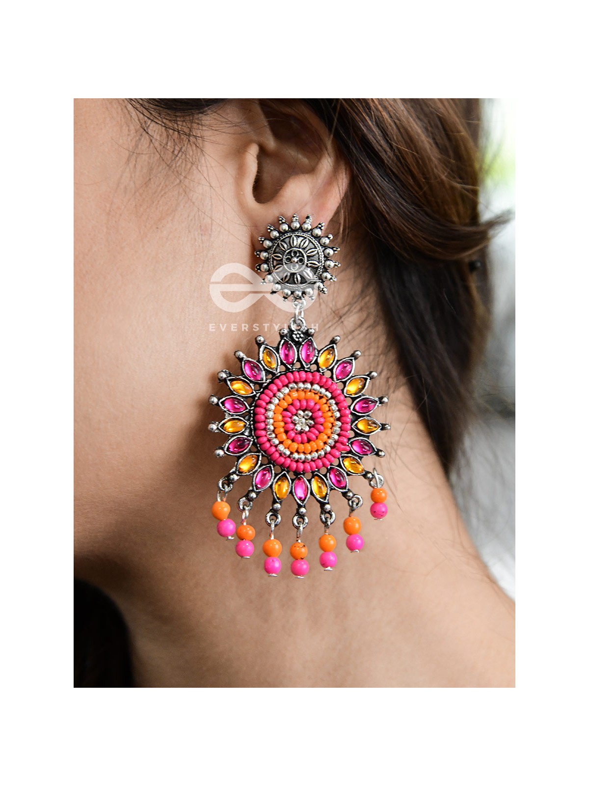The Delightful Dreamy Danglers (Orange-Pink)- The Embellished Oxidised Collection