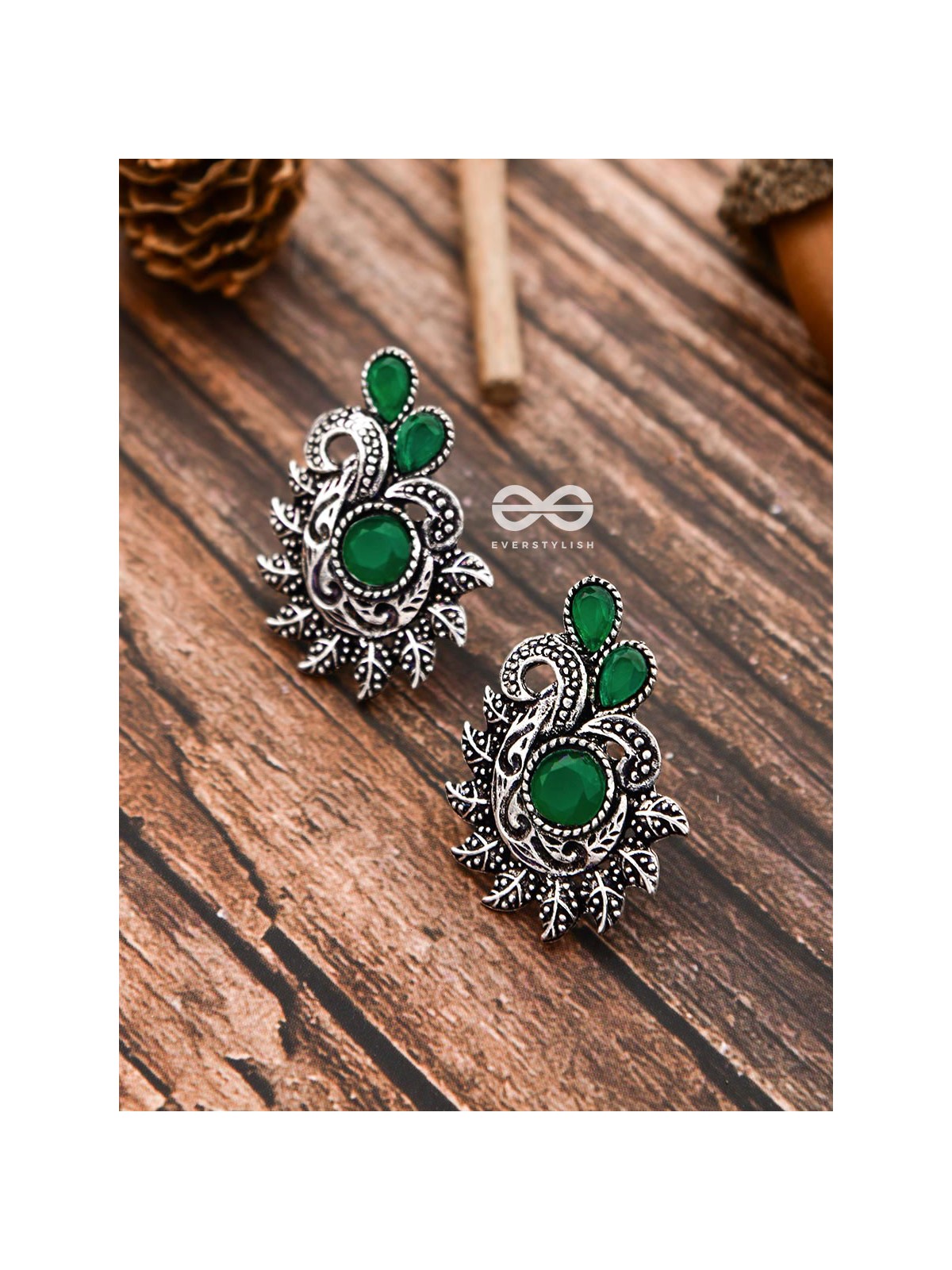 The Vintage Motif Studs - Emerald Green - The Embellished Oxidised Collection