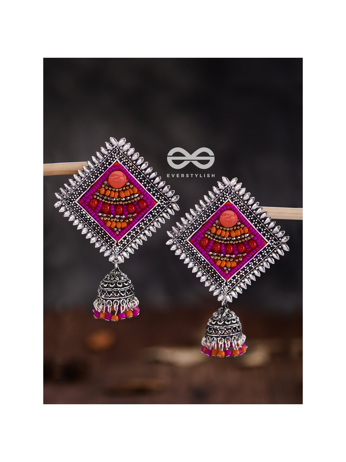 The Beaded Bohemian Square Jhumkas(Orange-Pink) - Embroidered Oxidised Collection