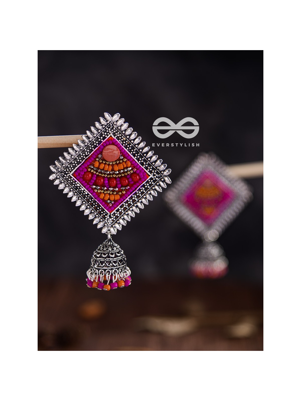 The Beaded Bohemian Square Jhumkas(Orange-Pink) - Embroidered Oxidised Collection