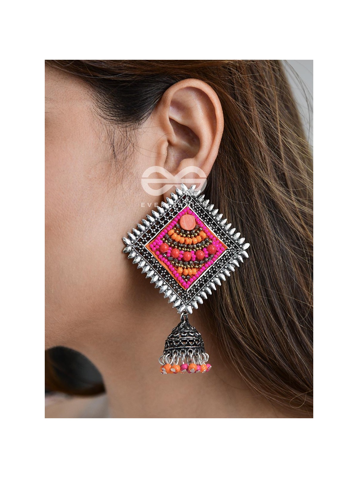 The Beaded Bohemian Square Jhumkas(Orange-Pink) - Embroidered Oxidised Collection