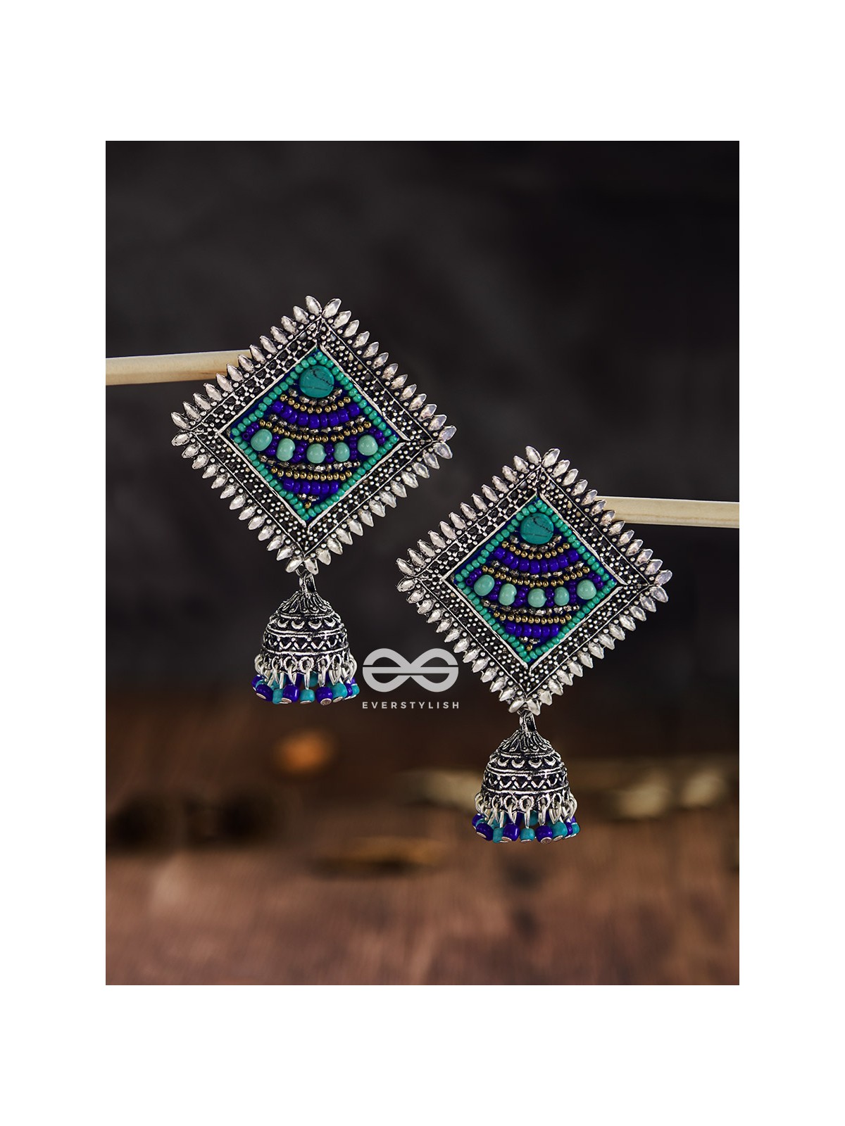 The Beaded Bohemian Square Jhumkas(Blue Hues) - Embroidered Oxidised Collection