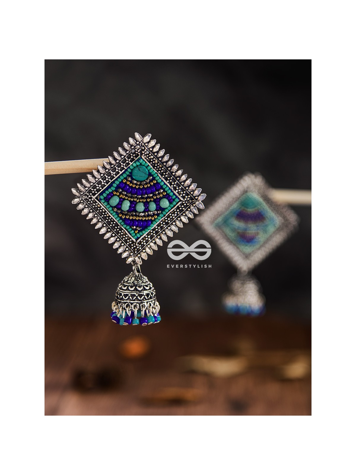 The Beaded Bohemian Square Jhumkas(Blue Hues) - Embroidered Oxidised Collection