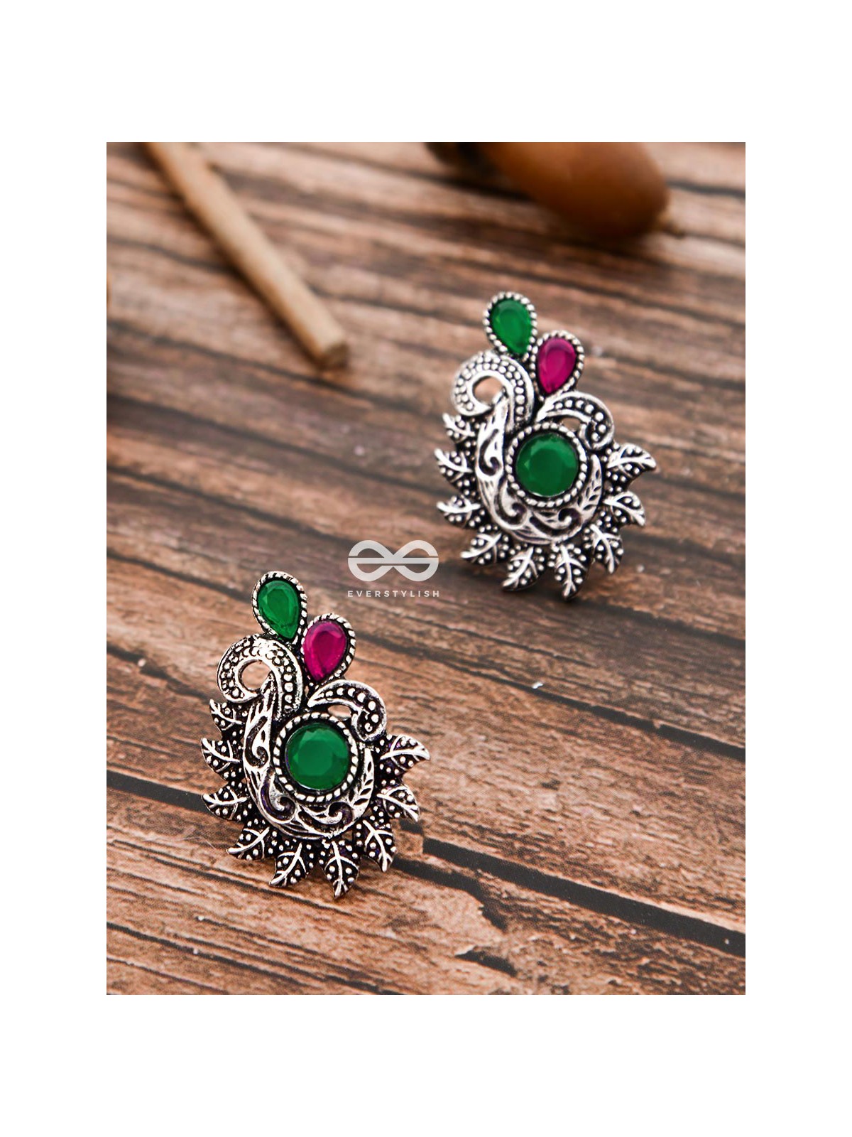 The Vintage Motif Studs - Ruby-Emerald - The Embellished Oxidised Collection