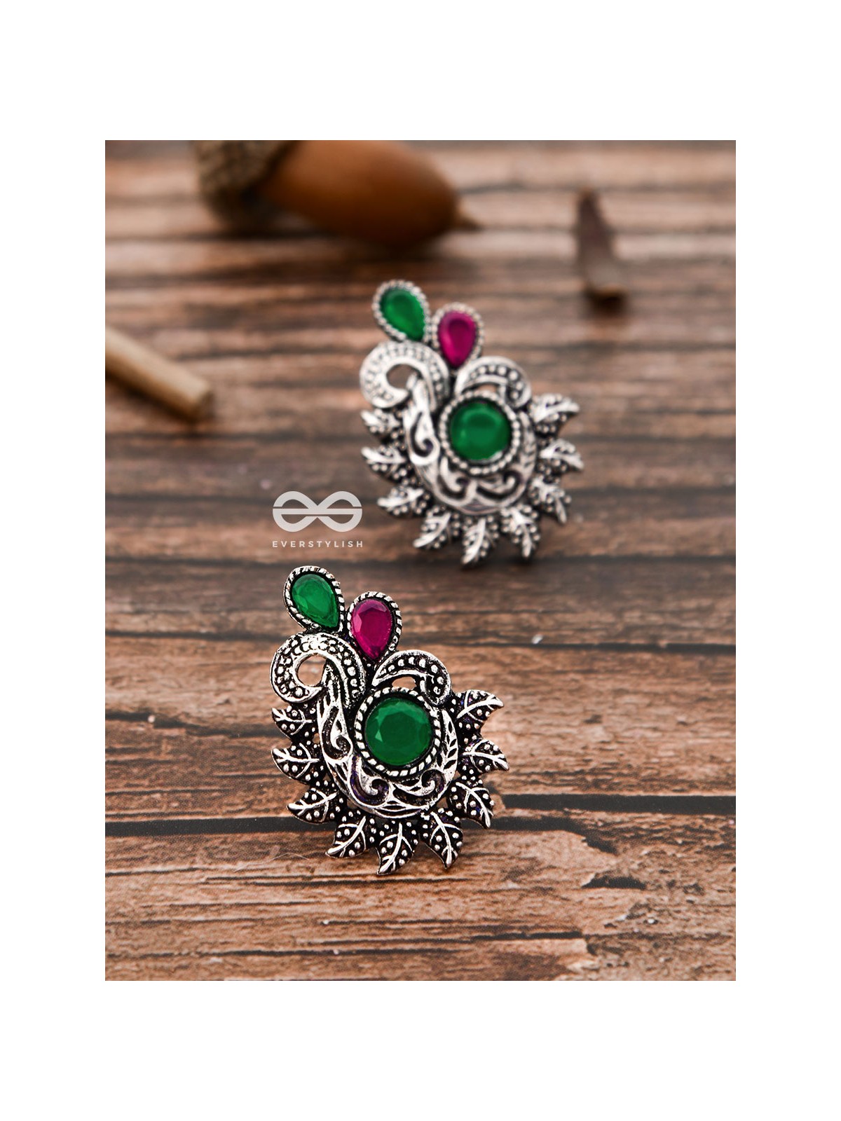 The Vintage Motif Studs - Ruby-Emerald - The Embellished Oxidised Collection