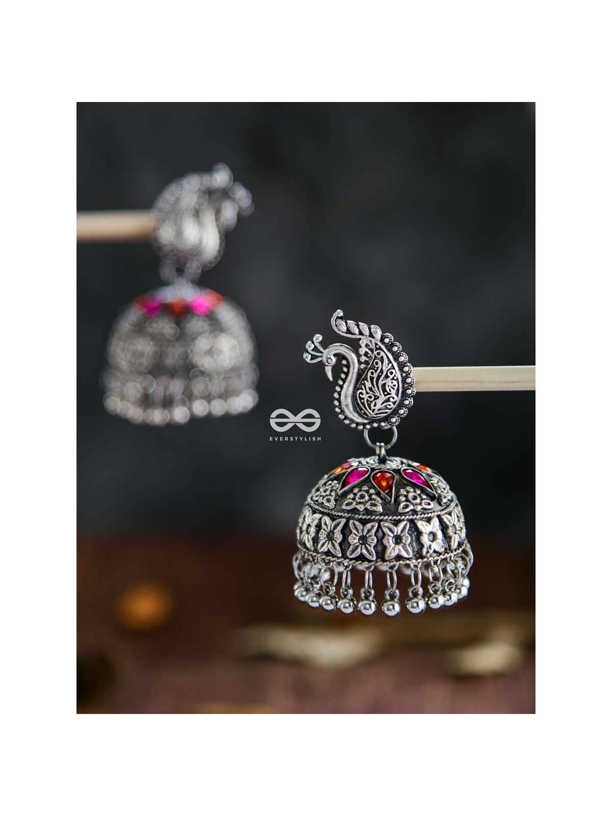 The Large Statement Peacock Jhumkas - Embellished Oxidised Collection