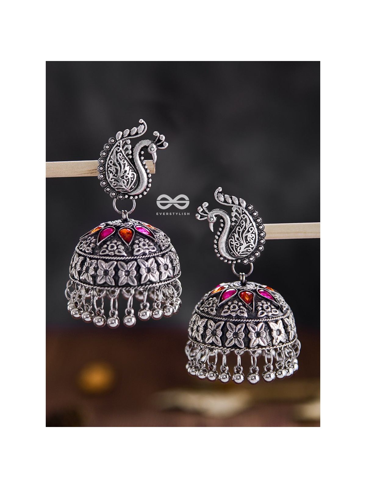 The Large Statement Peacock Jhumkas - Embellished Oxidised Collection