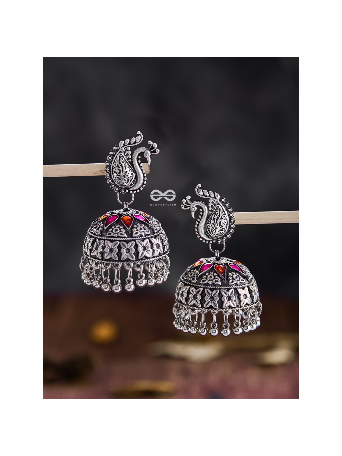 The Large Statement Peacock Jhumkas - Embellished Oxidised Collection