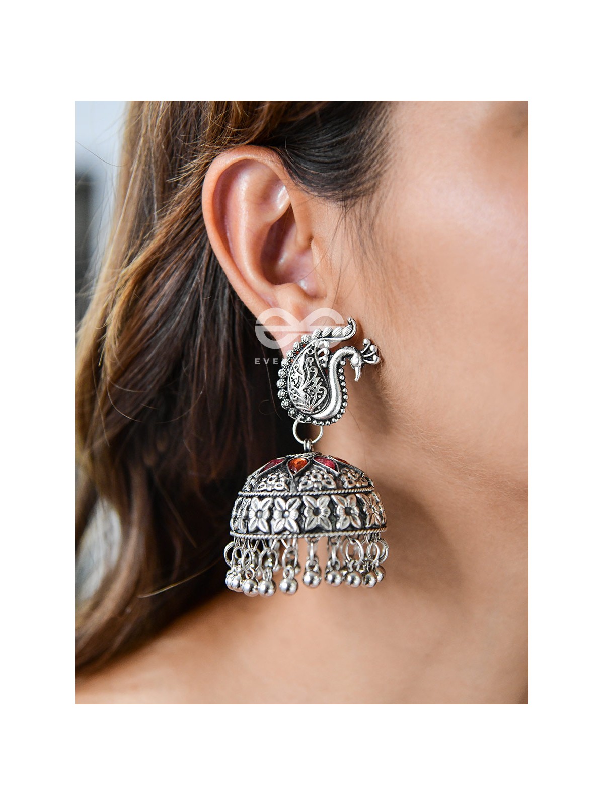The Large Statement Peacock Jhumkas - Embellished Oxidised Collection