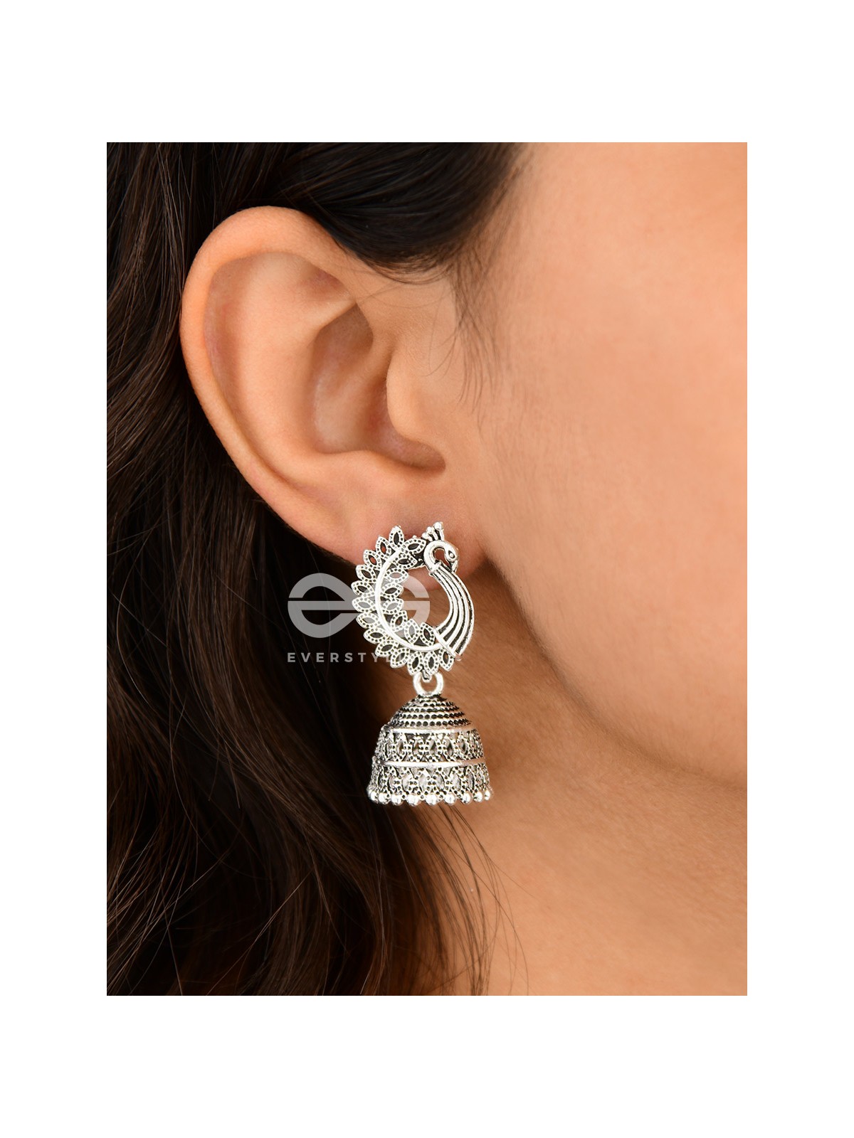 The Intricate Peacock Jhumkis - Oxidised Boho Earrings