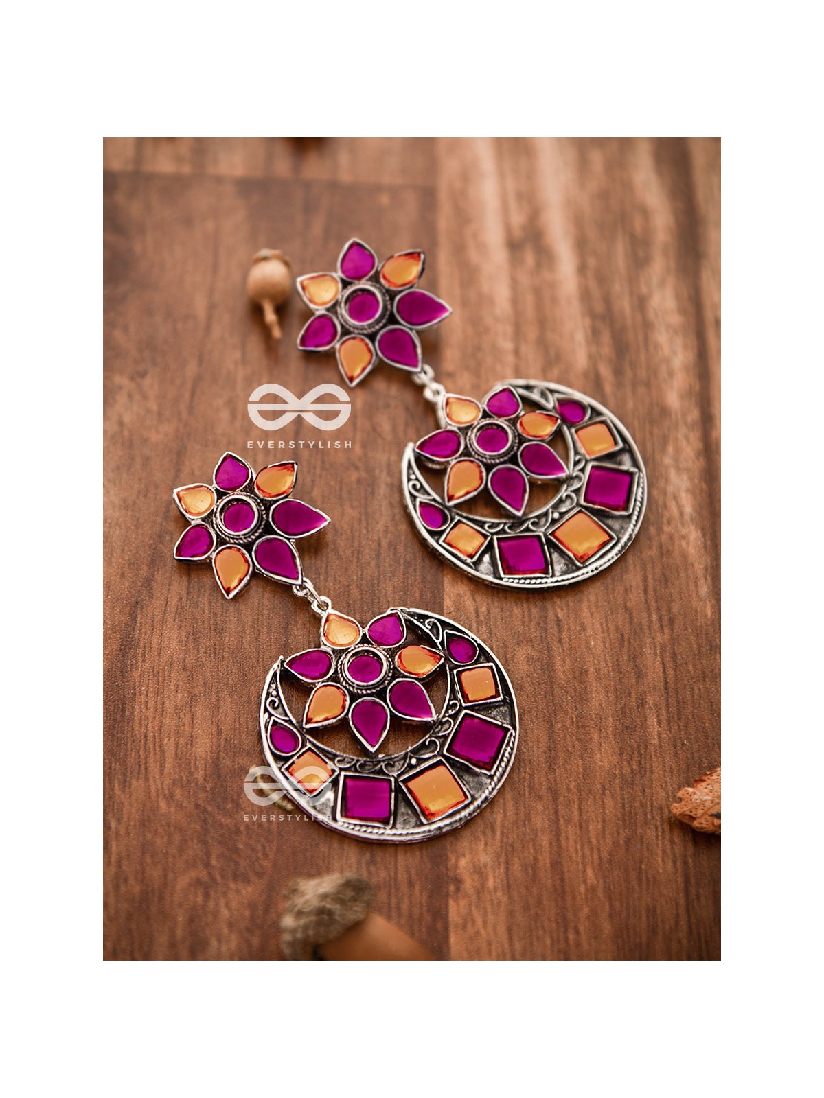 The Queen's Desire - Embellished Oxidised Danglers (Orange-Pink)